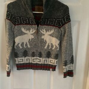 Gray Zip-Up Sweater with Moose Design